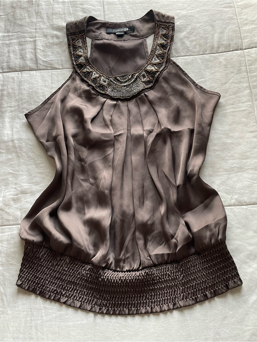 Forever21 Y2K Brown Satin Beaded Neckline Smocked Waist Halter Top Small Boho